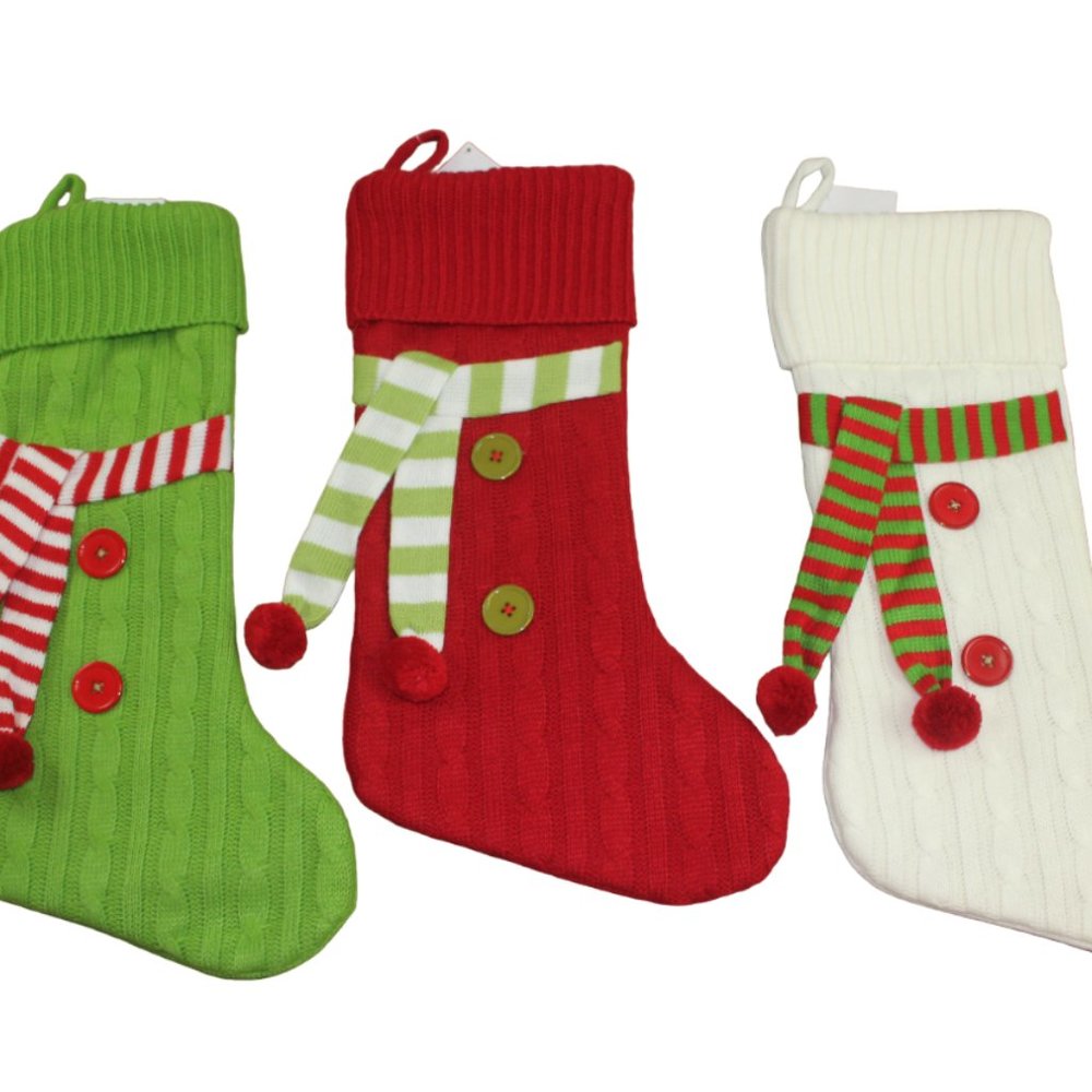Hobby Lobby Whimsical Knit Christmas Stocking Red Green White Buttons Lot 3 NWT